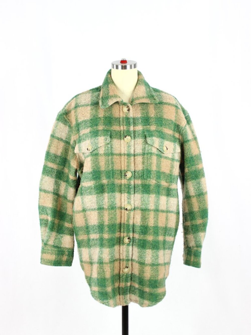 Aritzia WILFRED FREE Ganna Green Tan Plaid Wool Boucle Shirt Jacket, Size S